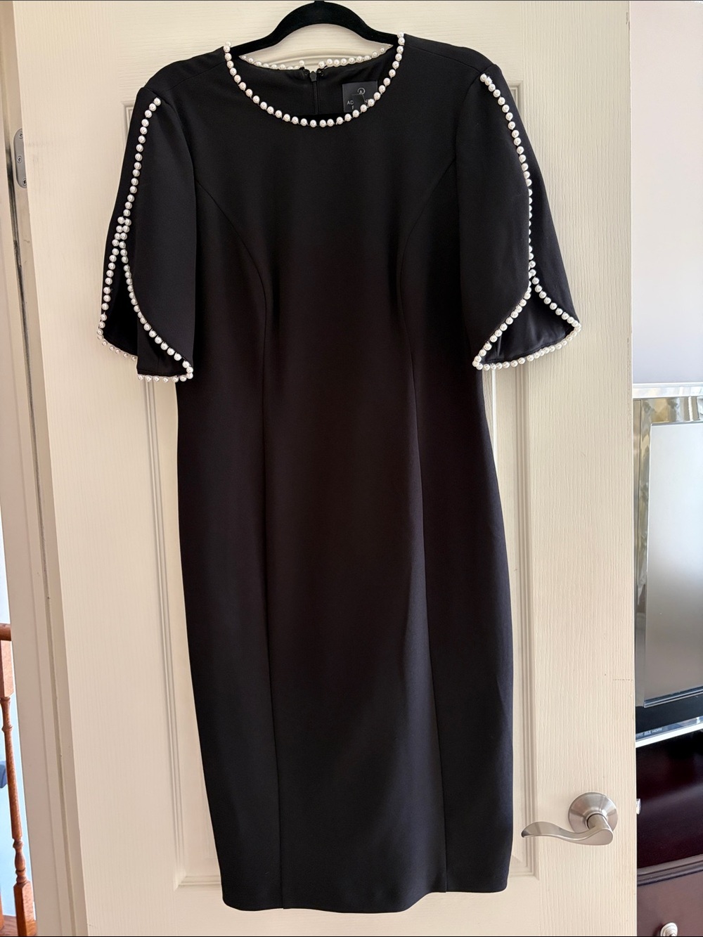 Nordstrom , ladies  Adrianna Papell Black Dress/Pearl Accent Trim Size 12 NEW